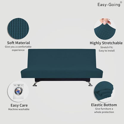 Easy-Going Stretch Futon Slipcover Armless Futon Bed Cover Furniture Protector Without Armrests with Elastic Bottom for Kids, Soft Jacquard Fabric Small Checks (Large, Deep Teal)