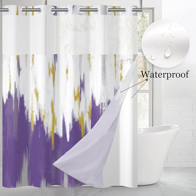 No Hook Shower Curtain with Snap in Liner, Hotel Style Purple White Gold Brush - Image 2