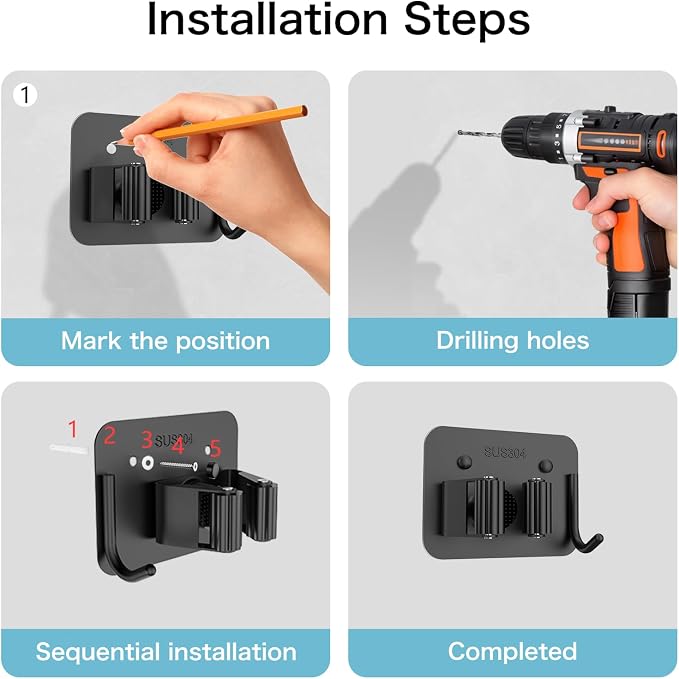 nacena Broom Holder Wall Mount, 4 Packs Black Stainless Steel Mop and Broom - Image 6