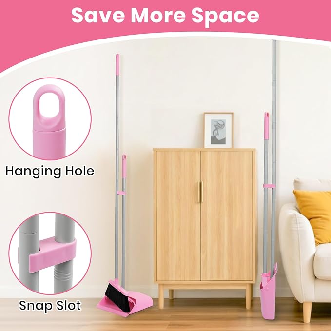 Pink Broom and Dustpan Set, 58” Long Adjustable Handle Small Broom - Image 5