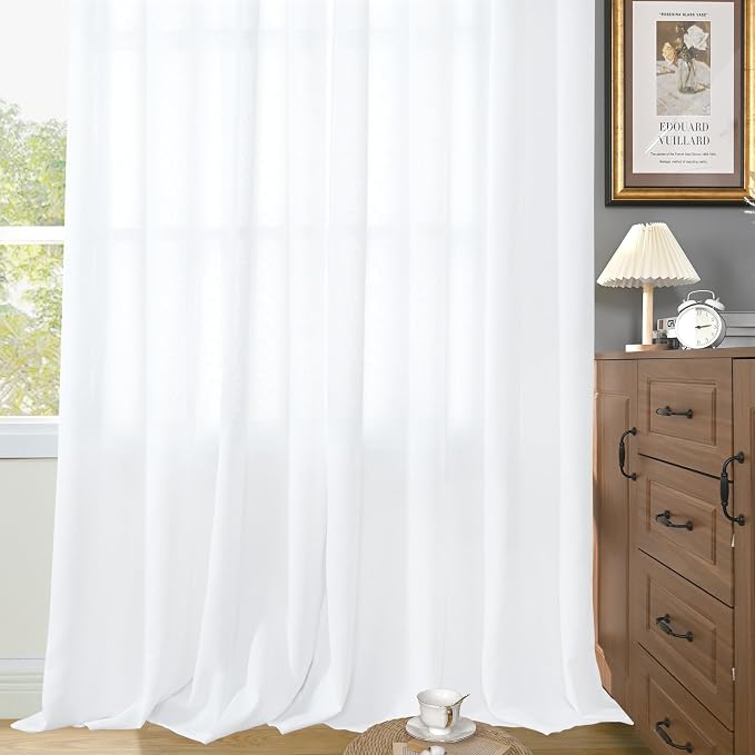 YoungsTex White Linen Curtains for Living Room 95 Inch Long 2 Panels, Semi - Image 8