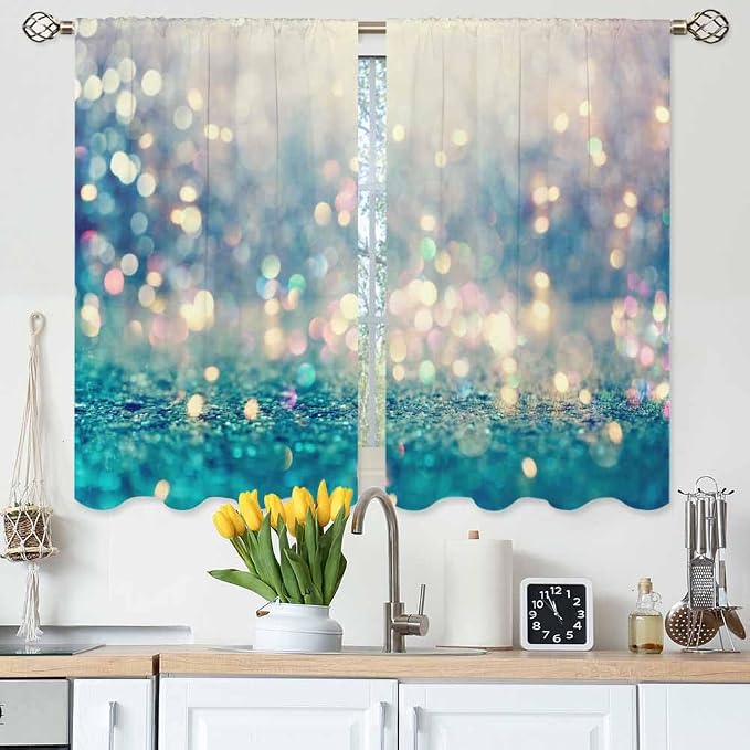 Blue Glitter Pattern Kitchen Curtains Beautiful Abstract Shiny Light Blur Bokeh by Unknown