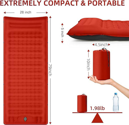 Camping Sleeping Pad, Extra Thick 5 Inch Camping Mat with Pillow, Built-in Foot Pump Inflatable Sleeping Pads Compact for Camping Backpacking Hiking Traveling Tent as Camping Essentials（O-B）