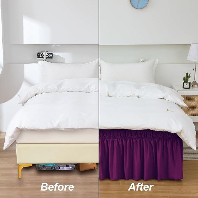 MEILA Wrap Around Bed Skirt Three Fabric Sides Elastic Dust Ruffled 16 Inch Tailored Drop,Easy to Install Fade Resistant-Purple, Twin/Full