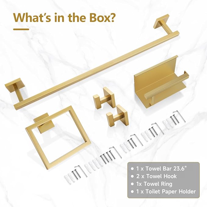 TQKAG 5-Pieces Brushed Gold Bathroom Hardware Accessories Set 23.6" SUS304 - Image 8