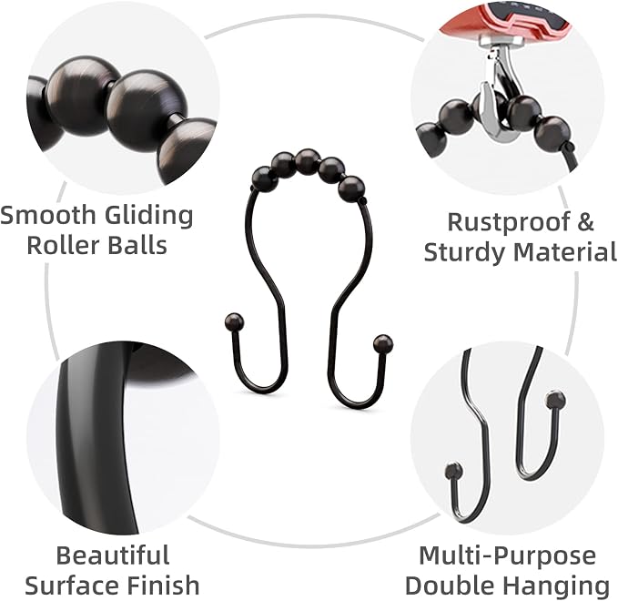 Shower Curtain Hooks Bronze Shower Curtain Rings Rust Proof Double Hook Shower - Image 2