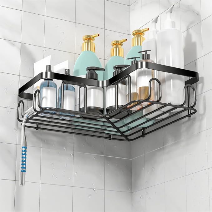 Moforoco Corner Shower Caddy Shelf Organizer Rack, Self Adhesive Black Bathroom - Image 3