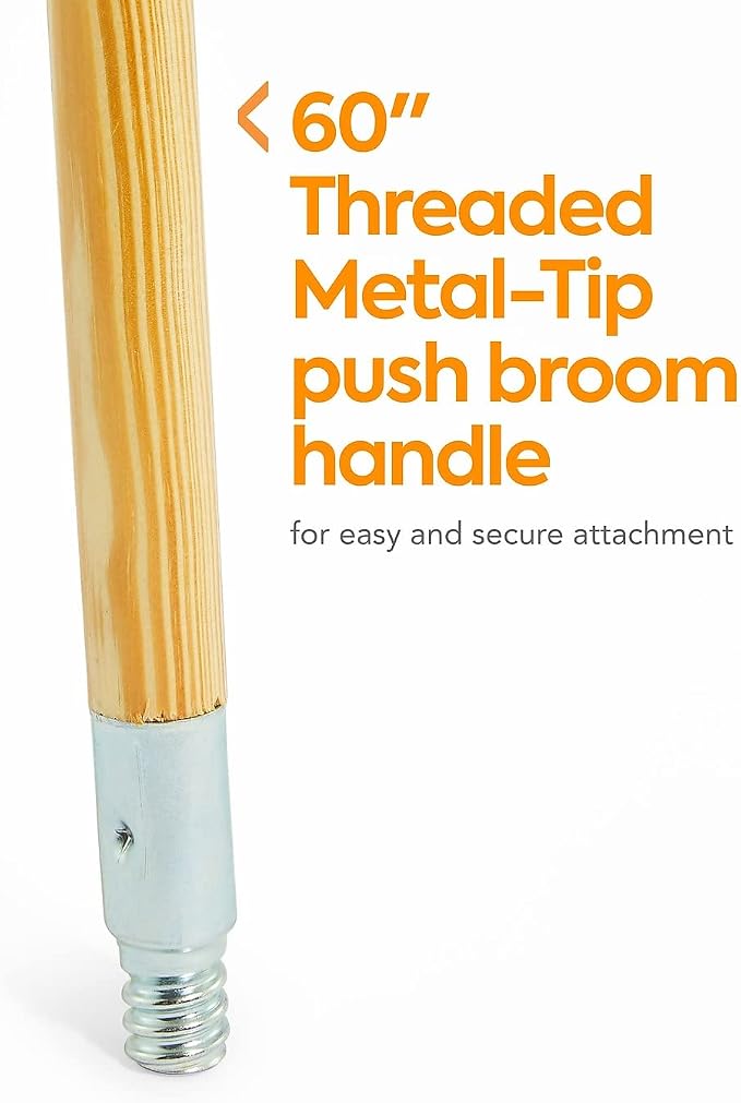 Professional 60" Wood Push Broom Handle, Threaded Metal Tip - Image 2