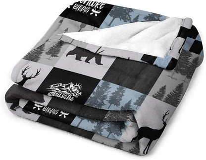 Bear Cabin Plaid Blanket, Rustic Retro Bear Deer Patchwork Gray Blue Farmhouse Throw Blanket for Couch Bed Living Room, 50"x60"