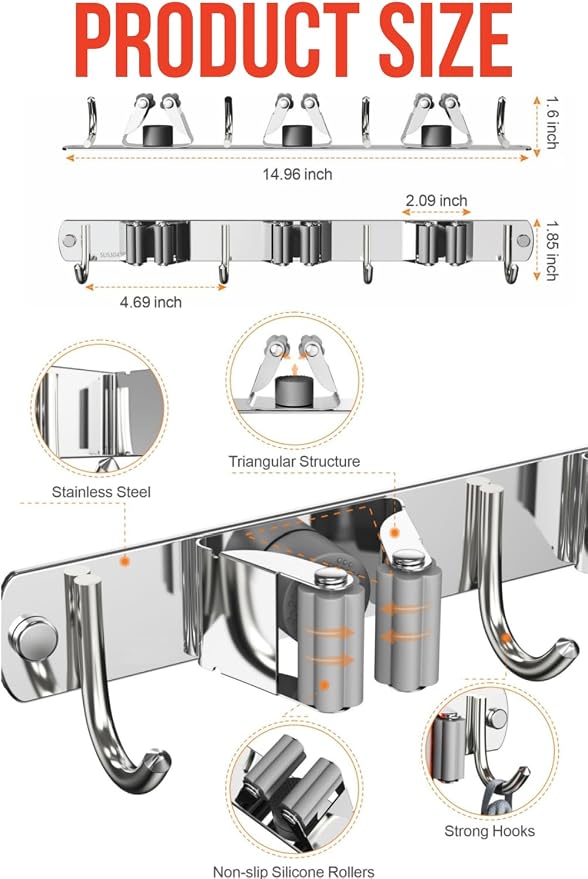 Mop and Broom Holder Wall Mount, Upgraded Broom Hanger Wall Mount, Stainless - Image 4