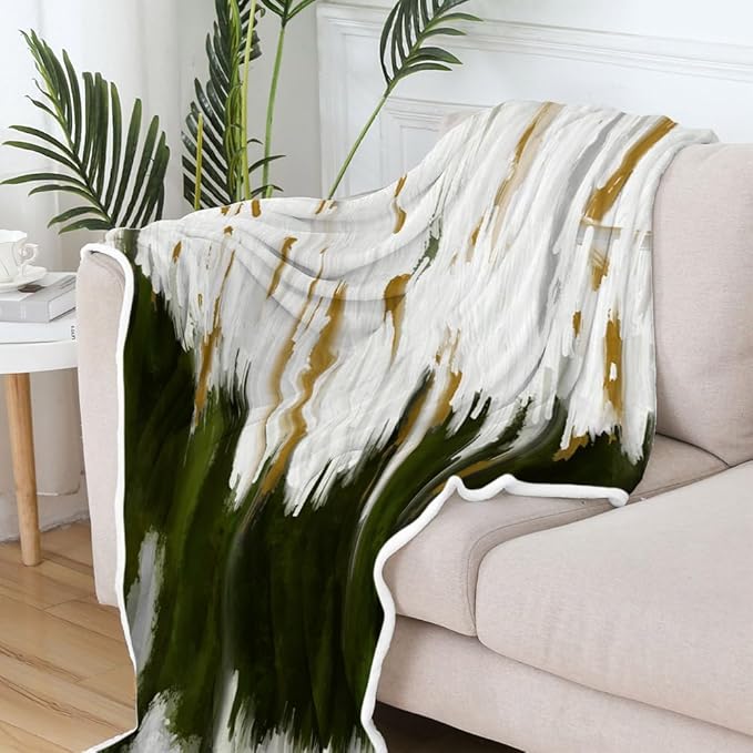 Abstract Ombre Throw Blankets, Modren Chic Art Oil Painting Cozy Warm Bed Couch Blanket, Sage Green Gold White Fleece Flannel Throws to Decorate The Room and Bedroom