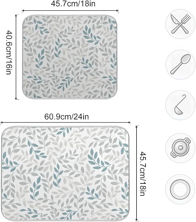 Grey and Blue Leaves branches Dish Drying Mat 16x18 - Image 3