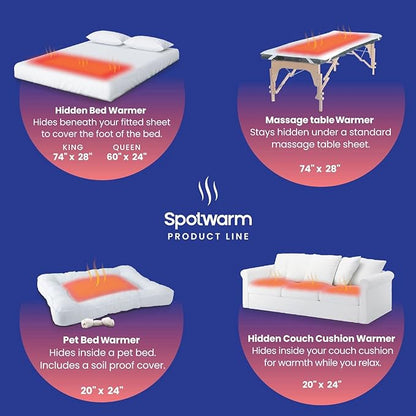 Hidden Heat Electric Foot of The Bed Warmer by SpotWarm; Wireless RF Remote, Microplush Flannel Mattress Warmer for Heated Feet. Queen Bed - 60” by 24”