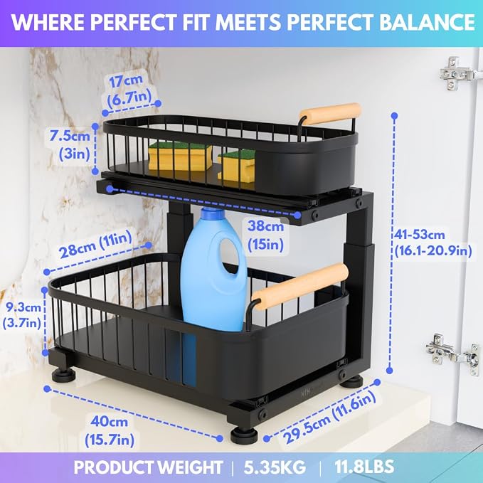 Premium Heavy Duty Carbon Steel Under Sink Organizer, 2 Tier Pull Out Cabinet - Image 3