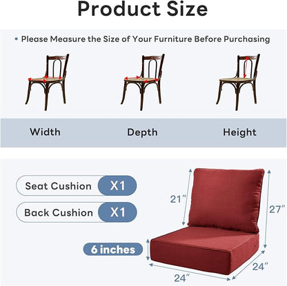 6 inches Thicker Outdoor Chair Cushions Set- 24" *24" *6" Waterproof Patio Furniture Cushions with Removable Cover, 28D High Density Sponge Filling Thicken Outdoor Patio Cushions - Red