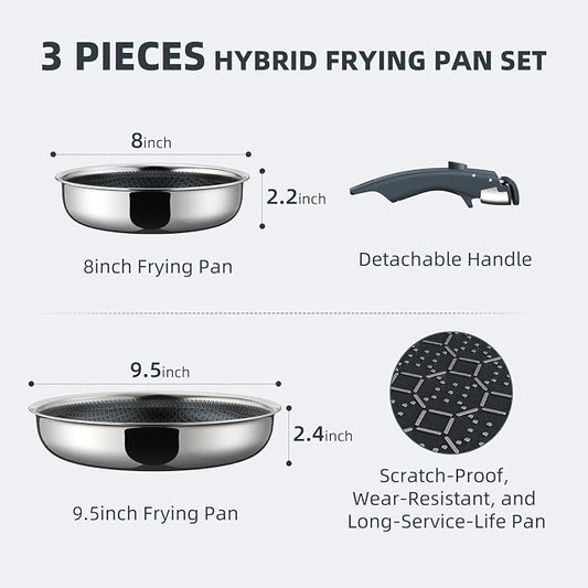 Ciwete Hybrid Non Stick Frying Pans Set 3-Piece, 8 & 9.5 Inch Tri-Ply Stainless - Image 2