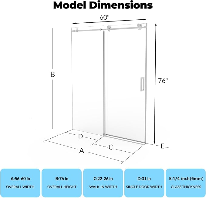 56-60" W x 76" H Frameless Sliding Shower Door - Image 3