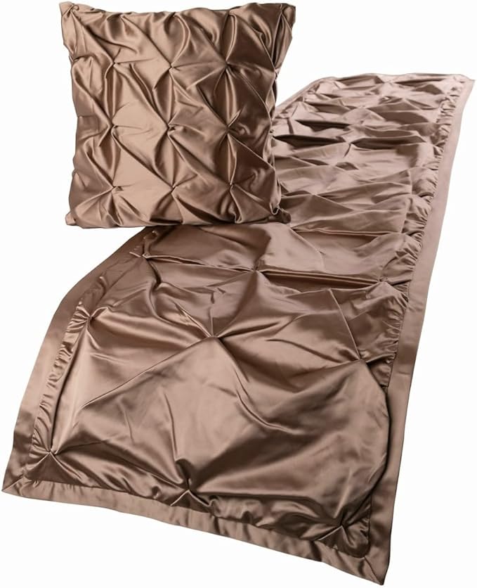 The HomeCentric Beige Bed Runner, Queen Size 74"x18" Decorative Bed Runner with 2 Matching Pillow Cover, Beige Satin Bed Scarf in Pintucks - Satin Ballet Swirl
