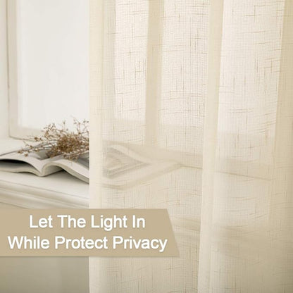 MIULEE 2 Panel 90 Inch Natural Light Beige Linen Semi-Sheer Window Curtains - Elegant Solid Drapes with Grommet Top - Voile Panels Textured for Bedroom or Living Room (52" W X 90" L)