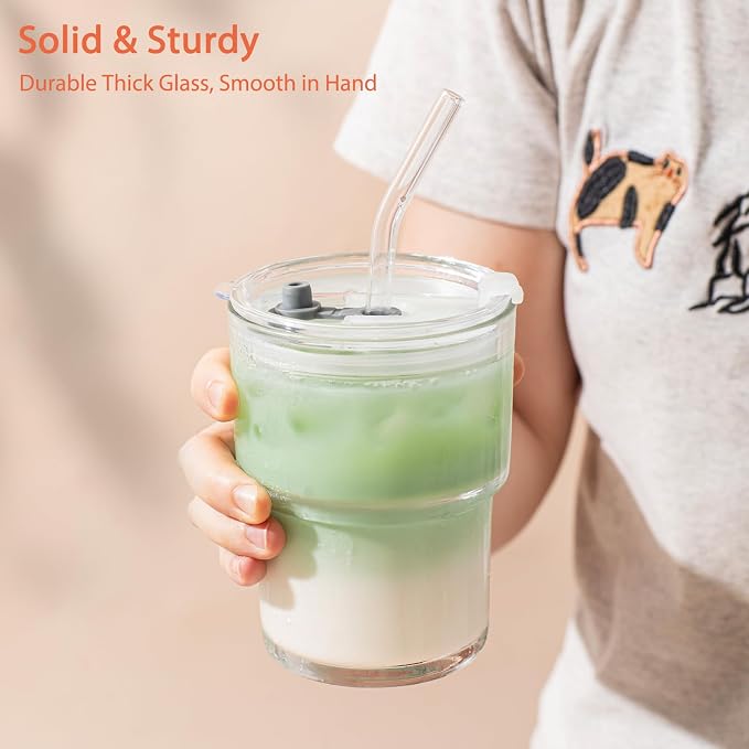 13oz Glass Tumbler with Lid and Glass Straw Set of 4 – Thick-Walled Iced Coffee - Image 7
