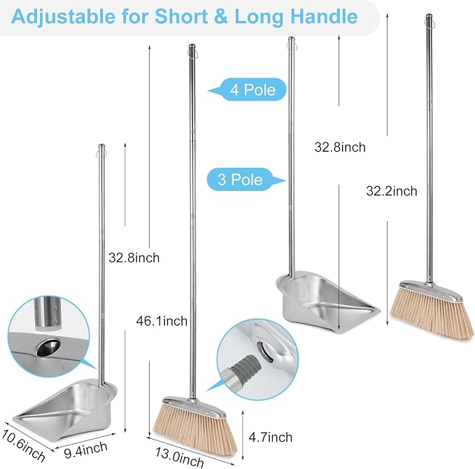 VOOWO Broom and Dustpan Set for Home, Stainless Steel Broom and Dustpan Set - Image 2