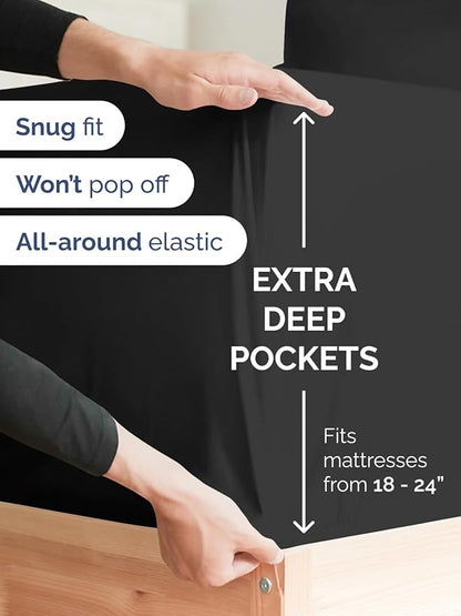 Extra Deep Twin Fitted Sheet - Hotel Luxury Single Fitted Sheet Only - Easily Fits 18 inch to 24 inch Mattress - Ultra Soft, Wrinkle Free w/Extra Deep Pockets - Easy-Care, Breathable & Comfy - Black
