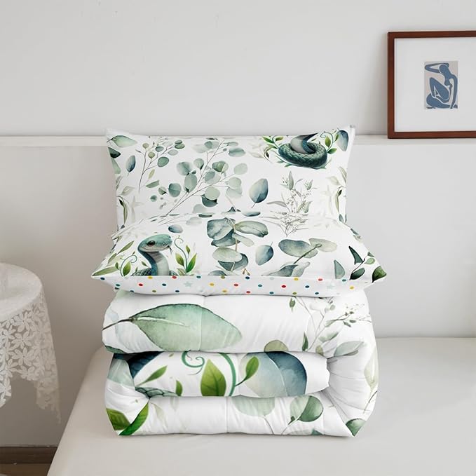 Erosebridal Cute Snake Full Size Comforter Set for Kids Child Green Eucalyptus Bedding Set, Wild Animal Down Comforter Botanical Plant Leaves Bed Set, Cartoon Wildlife Quilted Duvet