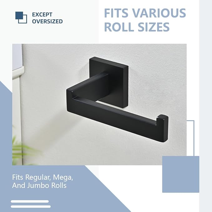 3PCS Bathroom Hardware Set, Matte Black Toilet Paper Holder, 2 Square Towel - Image 7