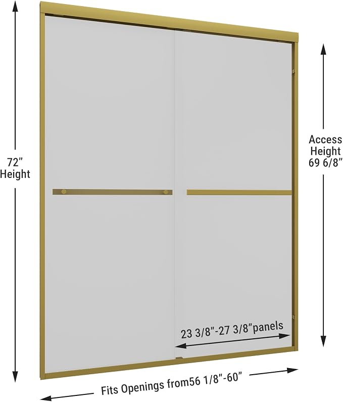 Shower Door 56-60" W * 72" H, Brushed Gold Double Sliding Shower Door - Image 6