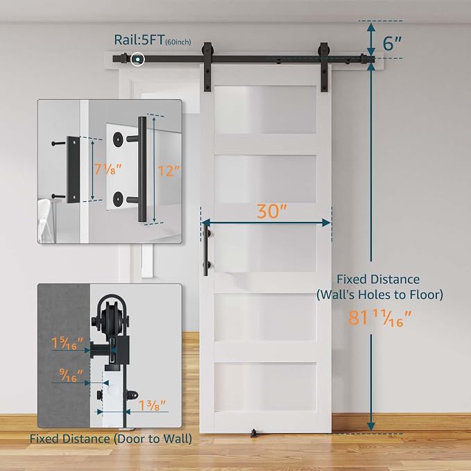 30'' x 80'' Glass Barn Door and 5 Ft Hardware Kit Included, MDF White Barn Door - Image 2