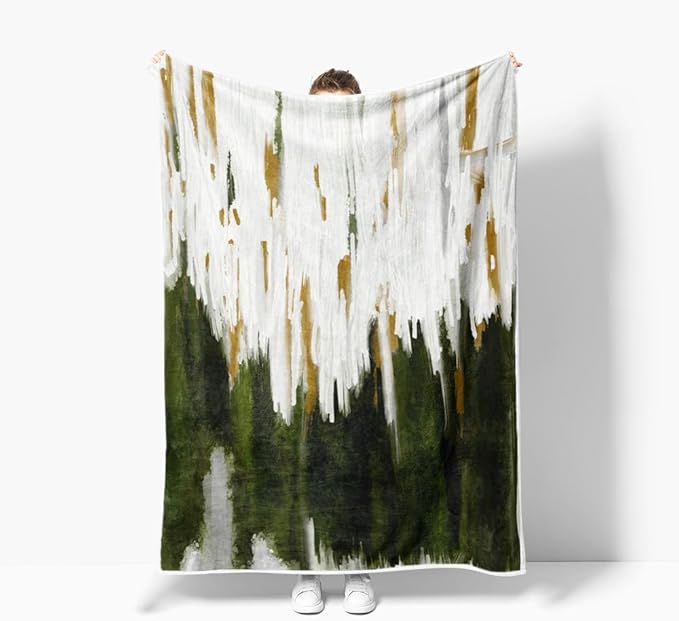 Abstract Ombre Throw Blankets, Modren Chic Art Oil Painting Cozy Warm Bed Couch Blanket, Sage Green Gold White Fleece Flannel Throws to Decorate The Room and Bedroom