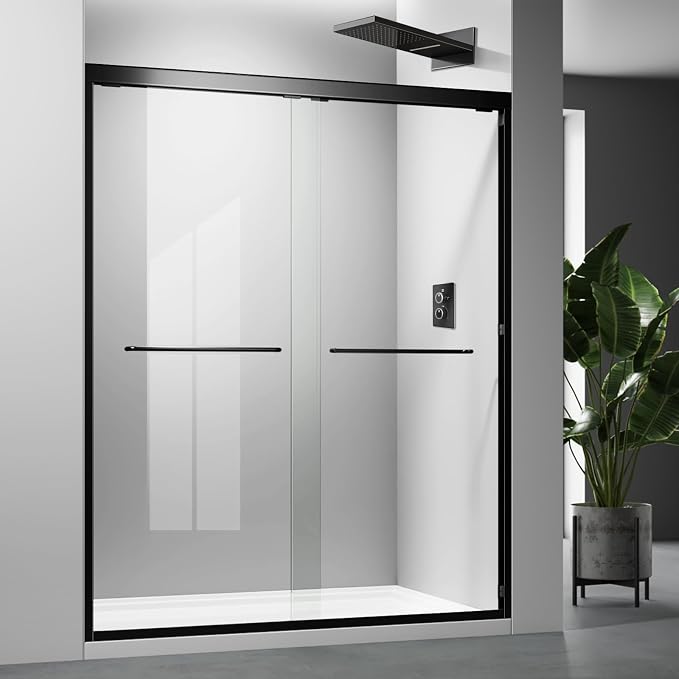 Glass Shower Door, Matte Black 56-60 inch W x 72 inch H Semi-Frameless Sliding by Glazenclos