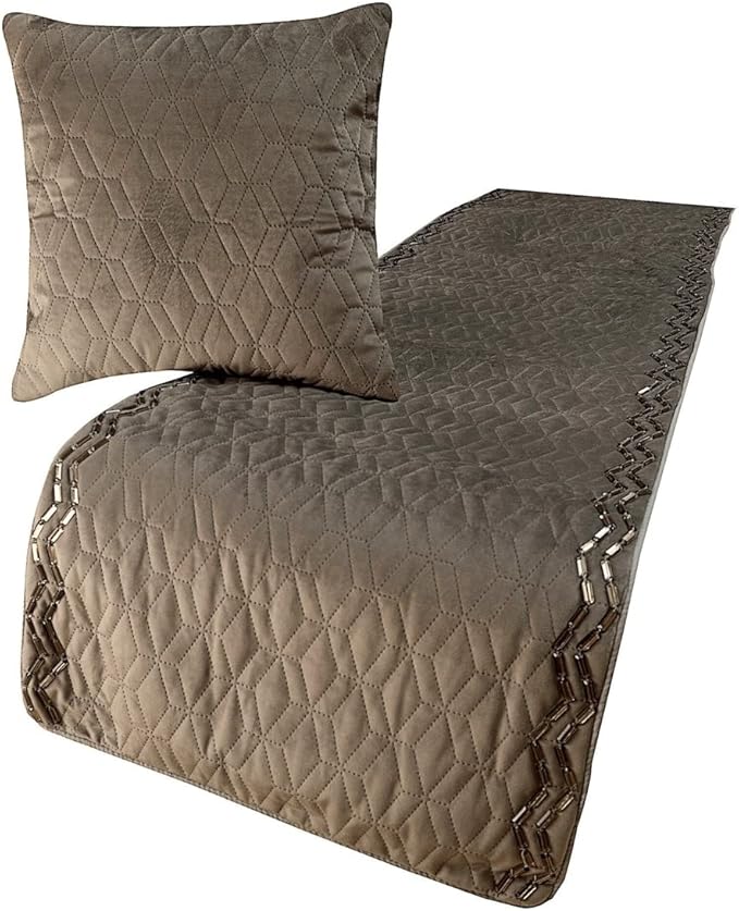 The HomeCentric King Queen Twin Gray Handmade Queen 74"x18" Bed Runner with 2 Pillow Cover, Quilted & Crystals Bed Scarf on Velvet Fabric - Grey Diamond Symphony