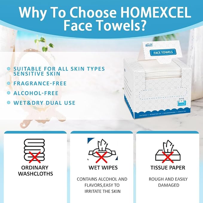 HOMEXCEL Face Towels, Biodegradable Makeup Remover Dry Wipes, Super Soft Clean - Image 7