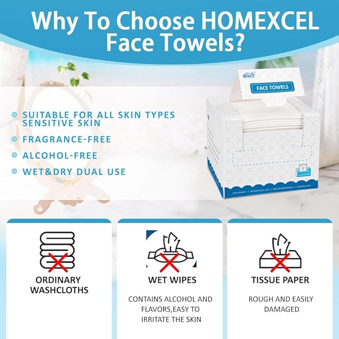 HOMEXCEL Face Towels, Biodegradable Makeup Remover Dry Wipes, Super Soft Clean - Image 6