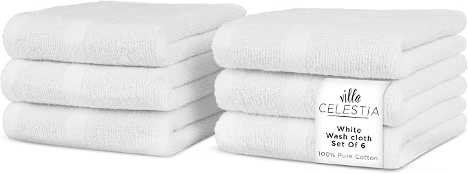 100% Cotton Wash Cloth for face & Body Set of 6, Sustainable, Highly Absorbent by VillaCelestia