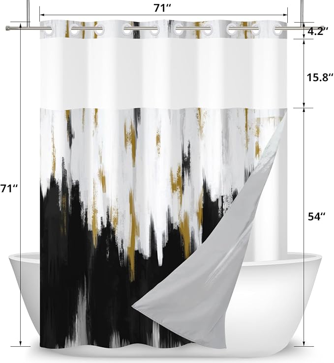 No Hook Shower Curtain with Snap in Liner, Hotel Style Black White Gold Brush - Image 6