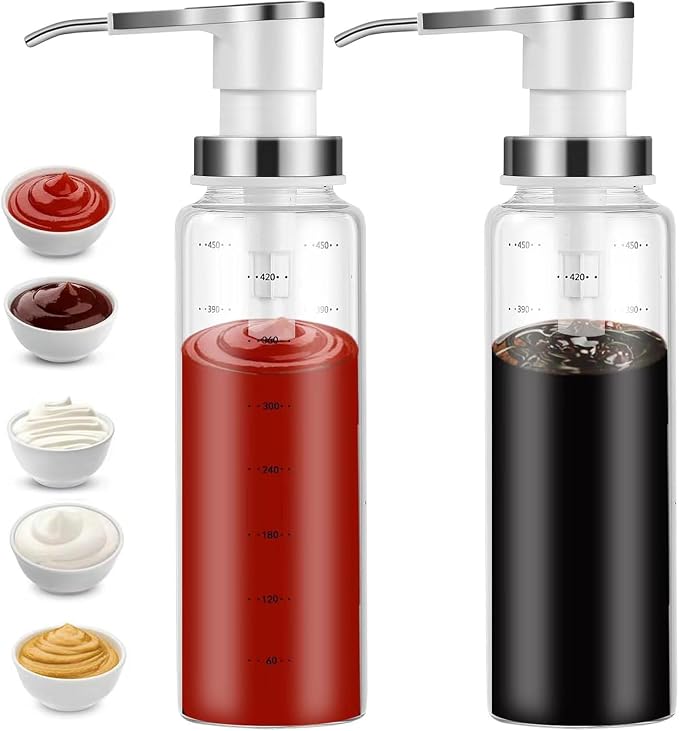 Sauce Pump Dispensers, 17oz Glass & Stainless Steel, 8ml Capacity, Restaurant by Unknown