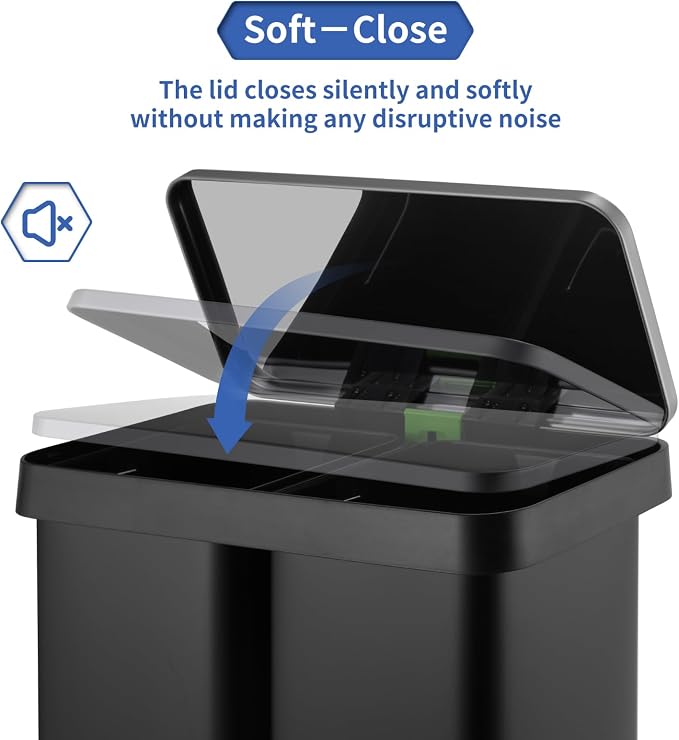 16 Gallon Dual Compartment Trash Can, Hands-Free Recycling Rectangular Garbage - Image 4