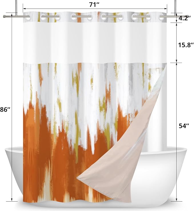 No Hook Shower Curtain with Snap in Liner, Hotel Style Burnt Orange White Gold - Image 6