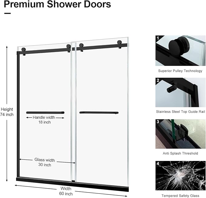 Double Sliding Shower Door, 18 inch Stainless Steel Handle, Matte Black - Image 2