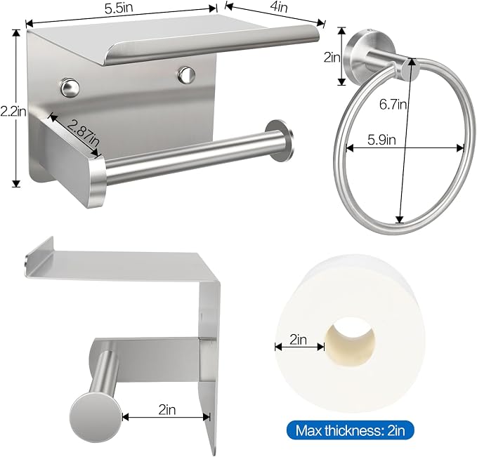 1pcs Toilet Paper Holder with Shelf and 1pcs Towel Ring Set, Brushed Nickel - Image 6