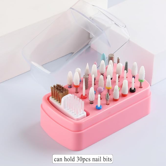 2 in 1 Pink Nail Drill Bit Holder and Nail Drill Bits Cleaner Brush Case - Image 3