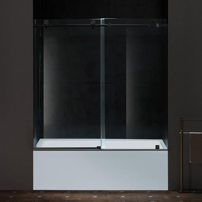 Woodbridge Frameless Single Sliding Shower Doors in Matte Black Finish by WOODBRIDGE