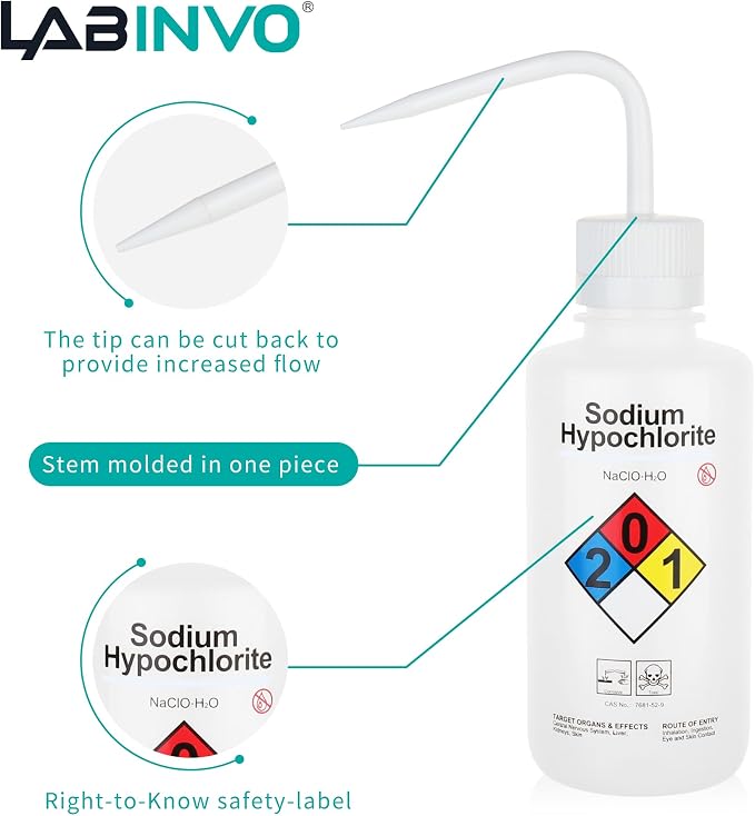 4pcs of Sodium Hypochloride Wash Bottles, Narrow Mouth, Self-Venting Safety - Image 4