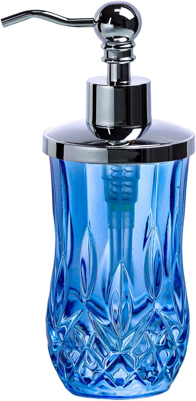 9Oz Diamond Grid Pattern Blue Glass Soap Dispenser by Unknown