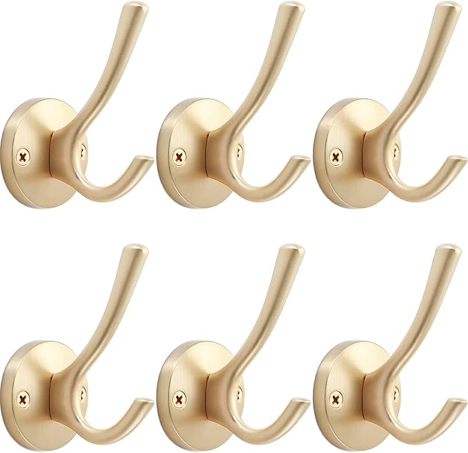 Gold Wall Hooks, 6 Pack Coat Robe Hook Heavy Duty Metal Double Bath Hook Wall by TOFIIGREM