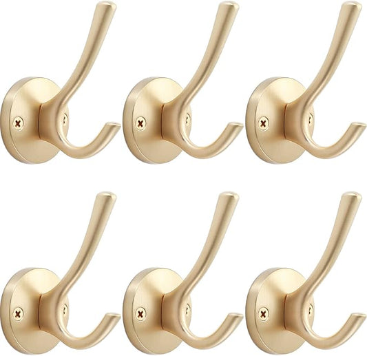 Gold Wall Hooks, 6 Pack Coat Robe Hook Heavy Duty Metal Double Bath Hook Wall by TOFIIGREM