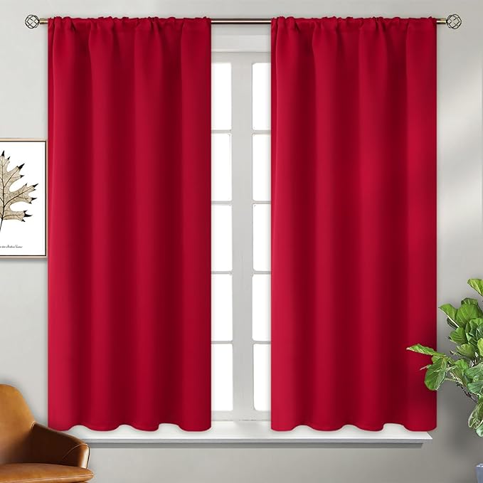 BGment Red Blackout Curtains 48 Inches Length for Bedroom - Short Thermal Insulated Drapes with Rod Pocket Room Darkening Christmas Decor for Kitchen Bathroom Window, 2 Panels, 42 x 48 Inch