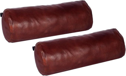 Neck Roll Pillow Cushion Cover, 18x6 Inch Full Moon Round Bolster Pillow Case, Cylinder Soft Lambskin Leather Pillowcase for Head, Spine & Neck Support During Sleep - Tan Pack of 2